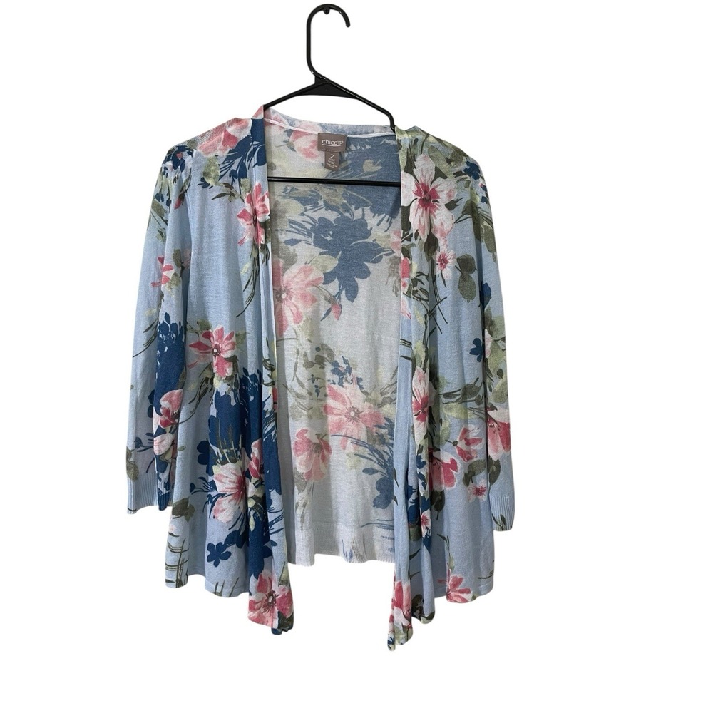 Chicos Large Blue Floral‎ Lightweight Open Cardigan Romantic Feminine Coastal
